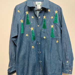 Quacker Factory Chambray Christmas Tree Button Up - EUC